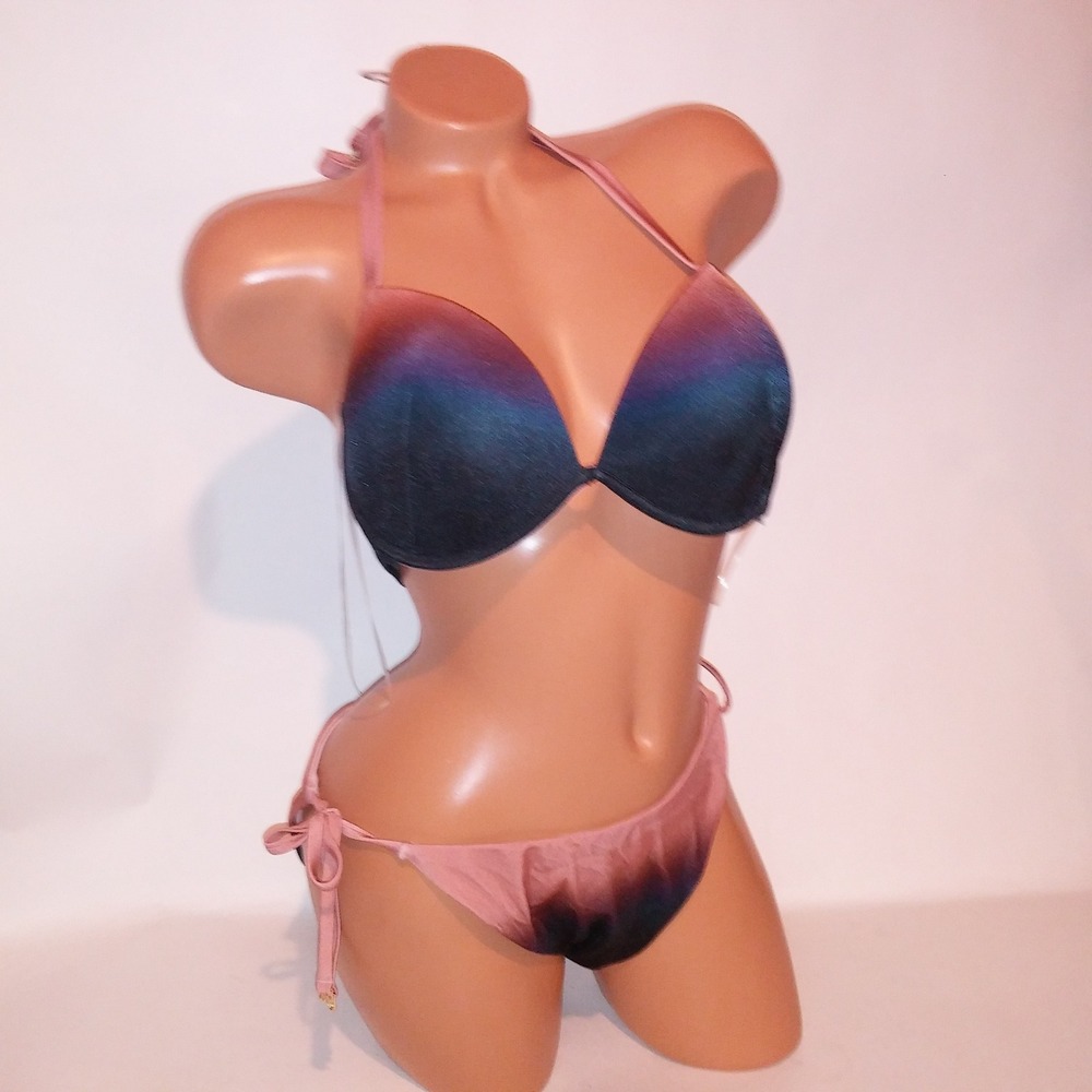 Victoria Secret Swim Bikini 38C Top XL Bottom Ombre Push Up Cheeky Black Mauve